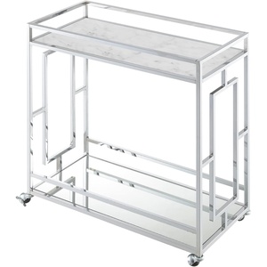 image:imageConvenience Concepts Town Square Chrome Faux Marble Mirrored Bar Cart 2925  Modern 360Degree Swivel Serving Cart with Storage Shelf for Dining Room Kitchen White Faux MarbleChromeWhite Faux MarbleChrome