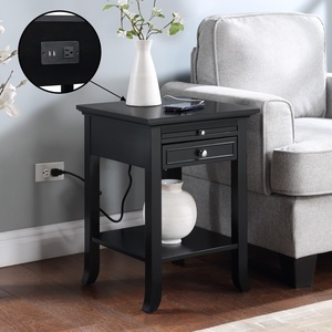 image:imageConvenience Concepts American Heritage Logan End Table with USB Ports amp AC Outlet 18  Square Living Room Side Table with Storage Drawer amp PullOut Shelf Bedroom Nightstand with Charging WhiteBlack